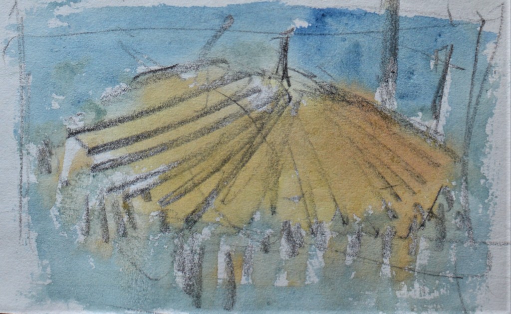 kreta farbskizzen, sonnenschirm am strand