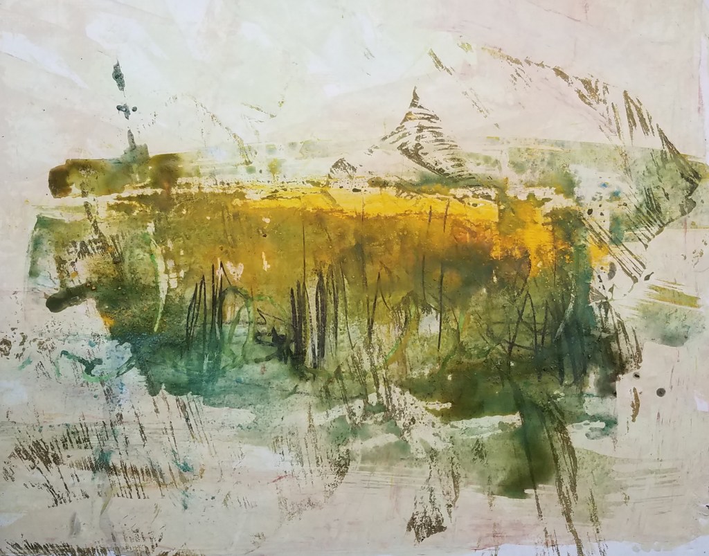 Abstrakte Mixed Media Aquarell-Landschaft, am Fluss im Hochsommer in Dresden