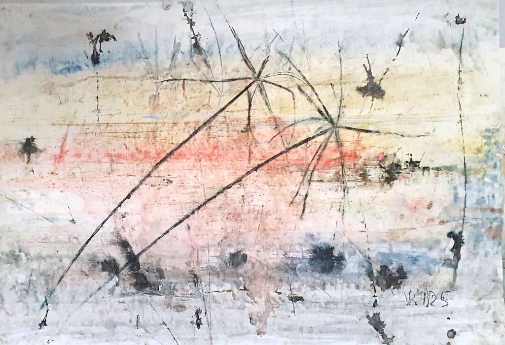 poetische abstrahierte Uferlandschaft, Aquarell Mischtechnik