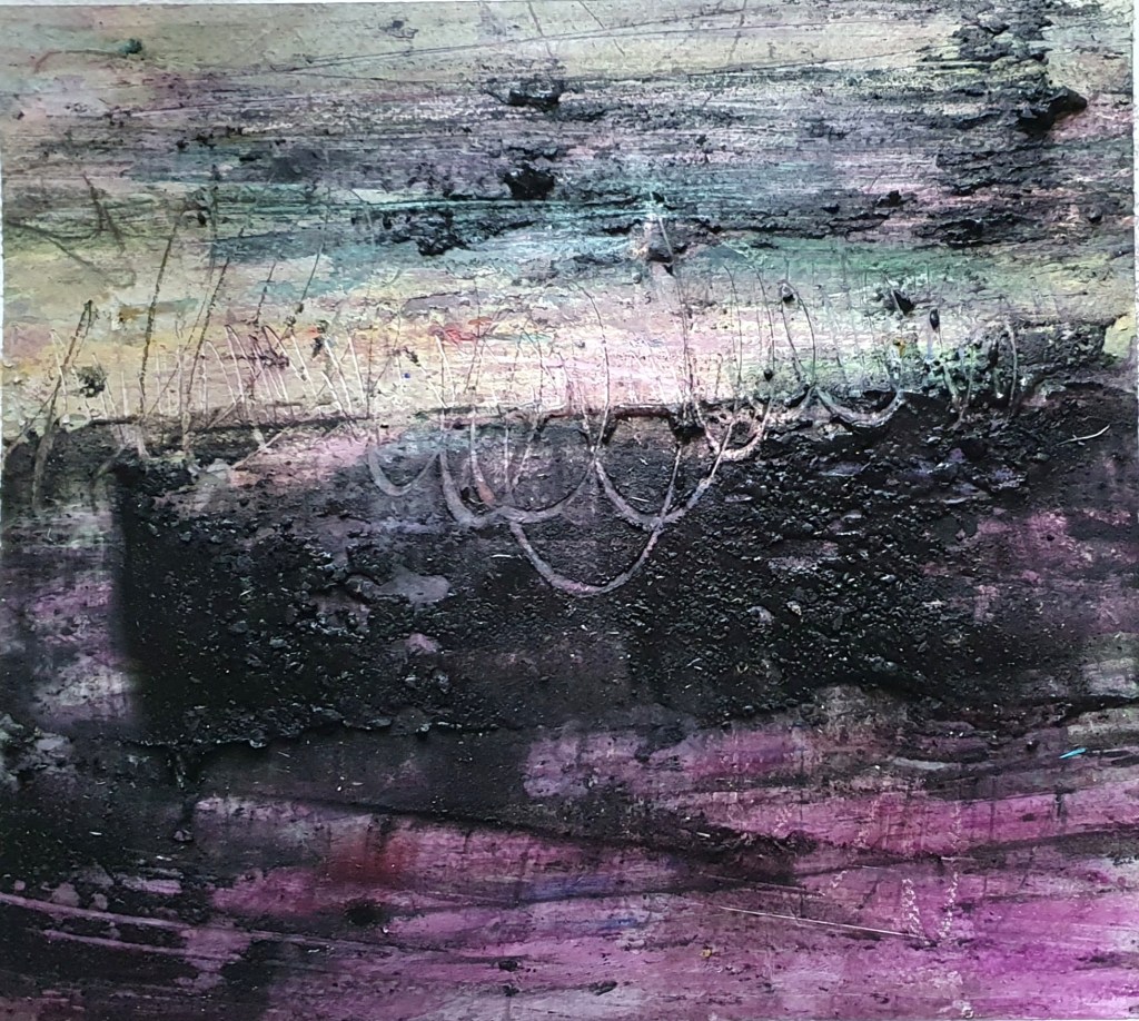 behind the noice, semi abstrakte mixed media landschaft mit kohle, kleister, pigment, aquarell, tiefe in das licht